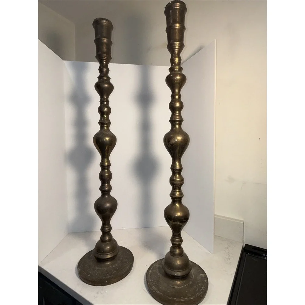 VTG Set Of 2 HEAVY Brass Floor Church Candle Holder Candlestick 39.5 In